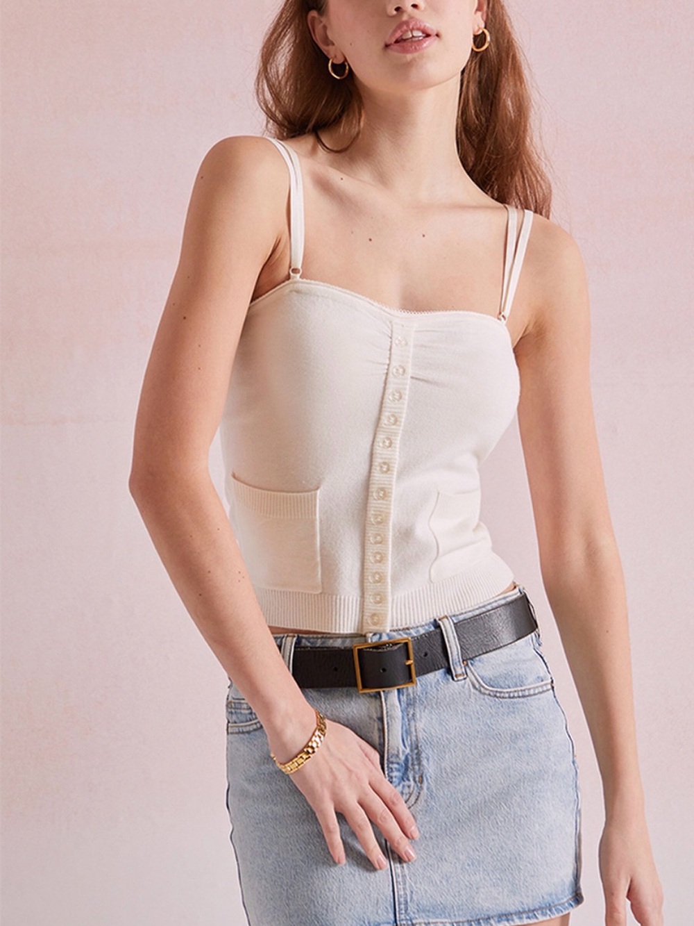 PacSun Cream Ribbed Button-Front Tank with Pocket